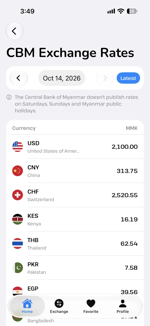 Official Central Bank of Myanmar exchange rates with date picker